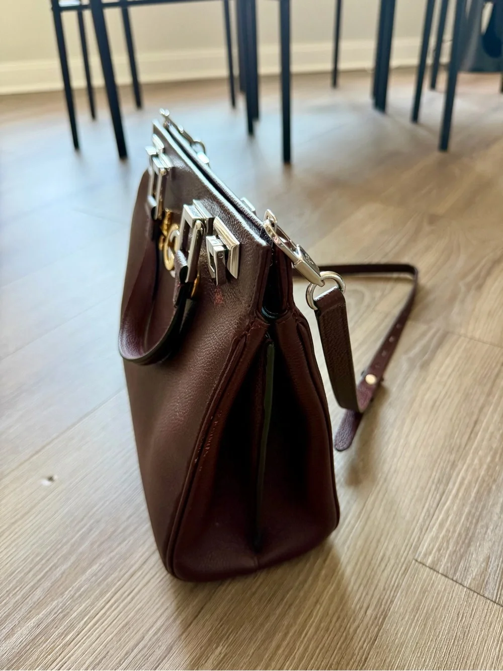 Gucci Women’s Burgundy Leather Top-Handle Satchel with Gold GG